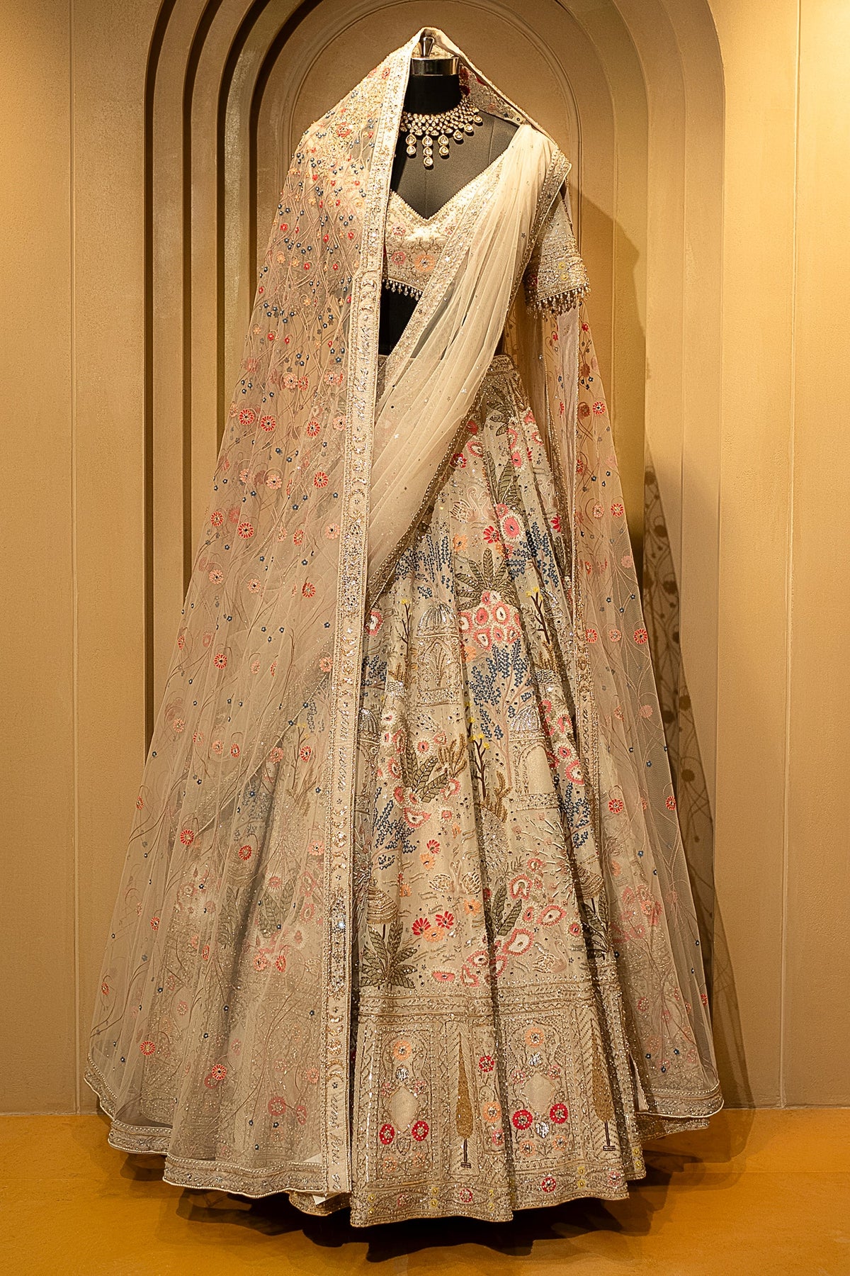 Ivory White Shimmer Organza Handworked Lehenga with Double Dupatta