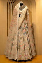 Ivory White Shimmer Organza Handworked Lehenga with Double Dupatta