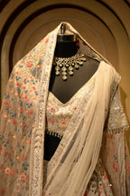 Ivory White Shimmer Organza Handworked Lehenga with Double Dupatta