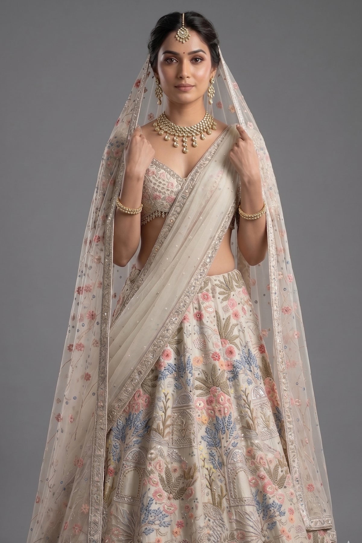 Ivory White Shimmer Organza Handworked Lehenga with Double Dupatta