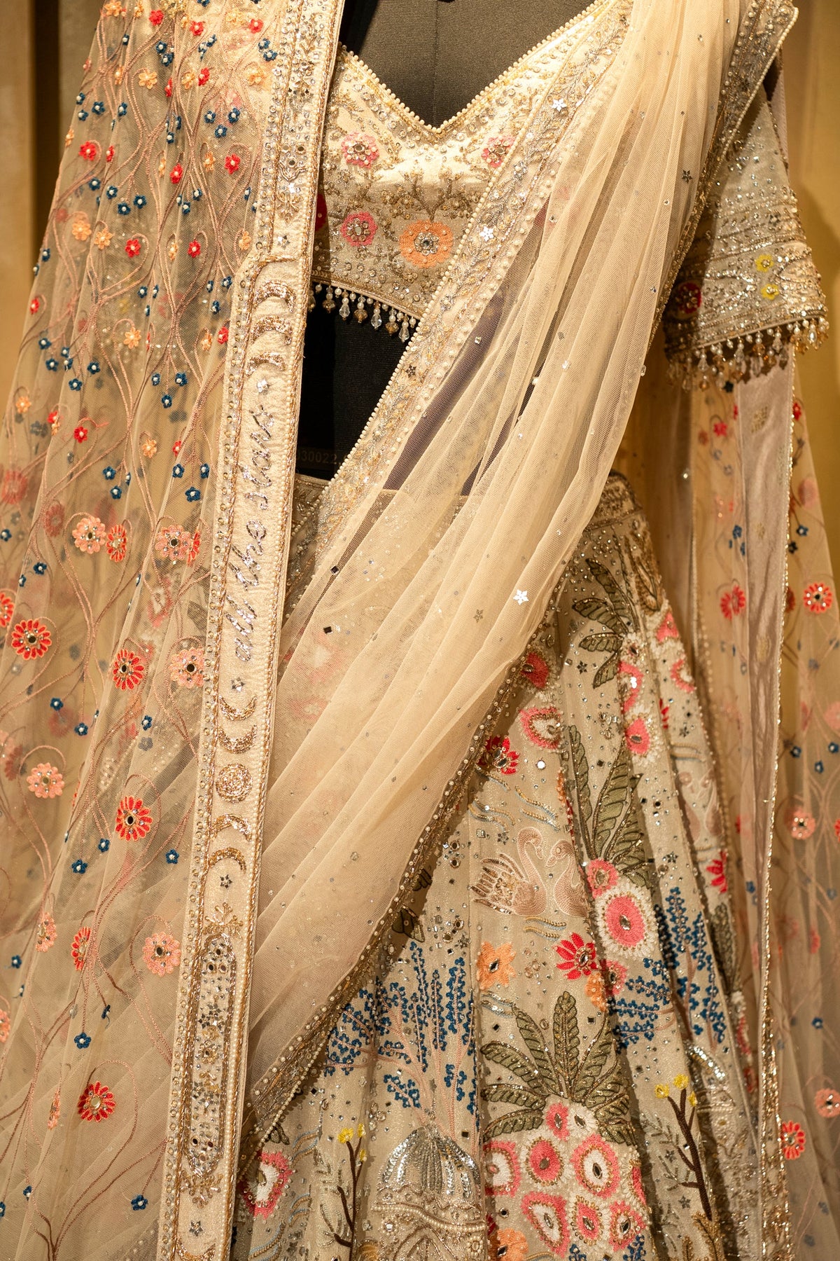 Ivory White Shimmer Organza Handworked Lehenga with Double Dupatta