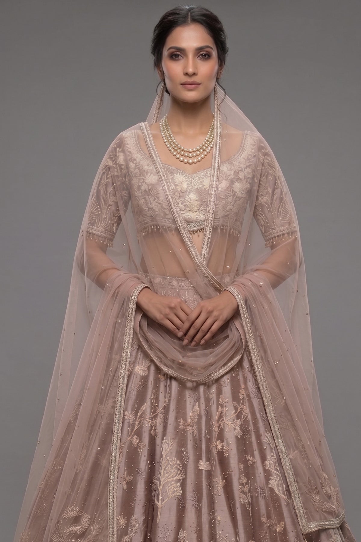 Champagne Brown Silk Embroidered Heritage Lehenga