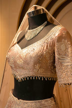 Champagne Brown Silk Couture Lehenga with Architectural Border & Intricate Dori-Mirror Fusion