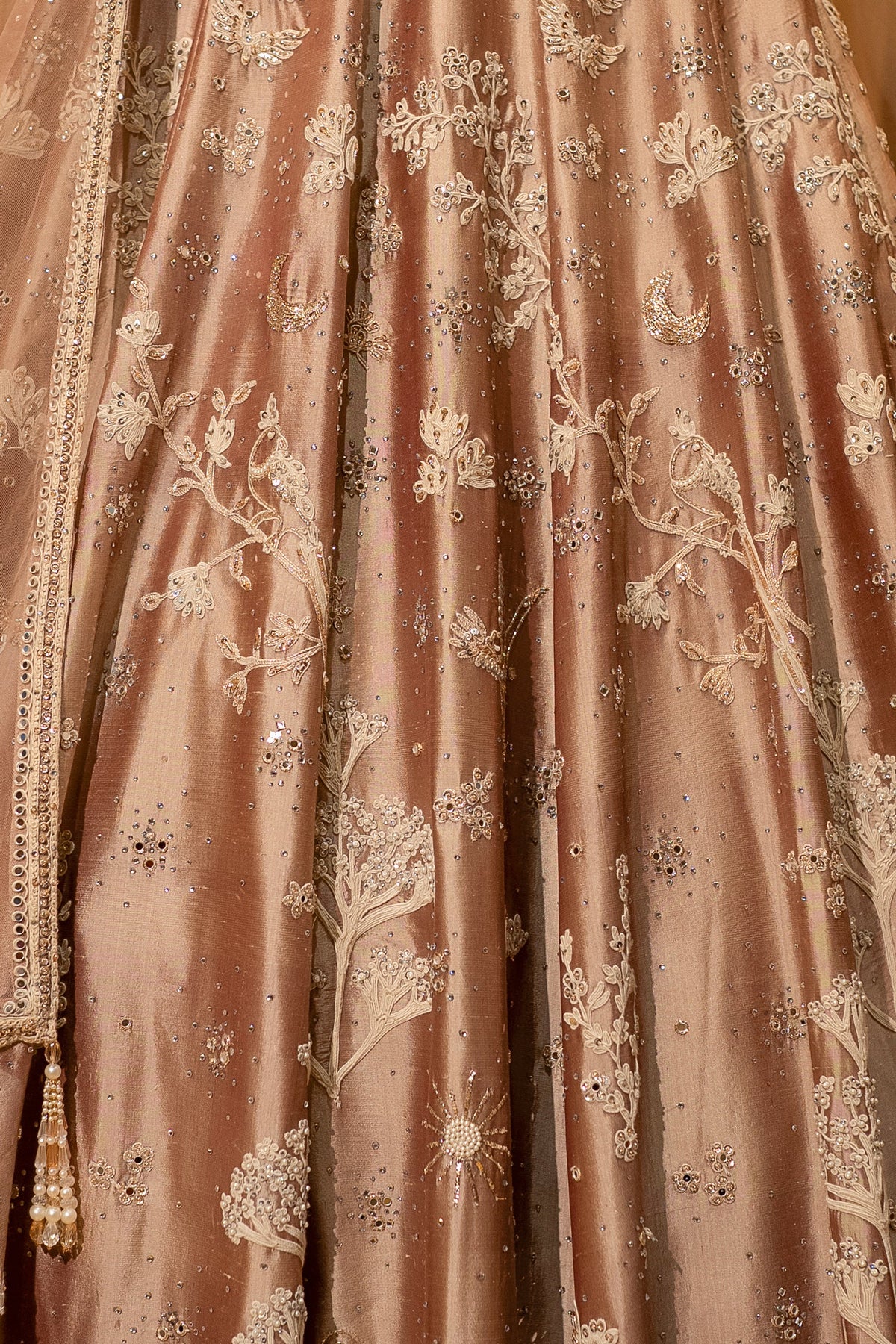 Champagne Brown Silk Couture Lehenga with Architectural Border & Intricate Dori-Mirror Fusion