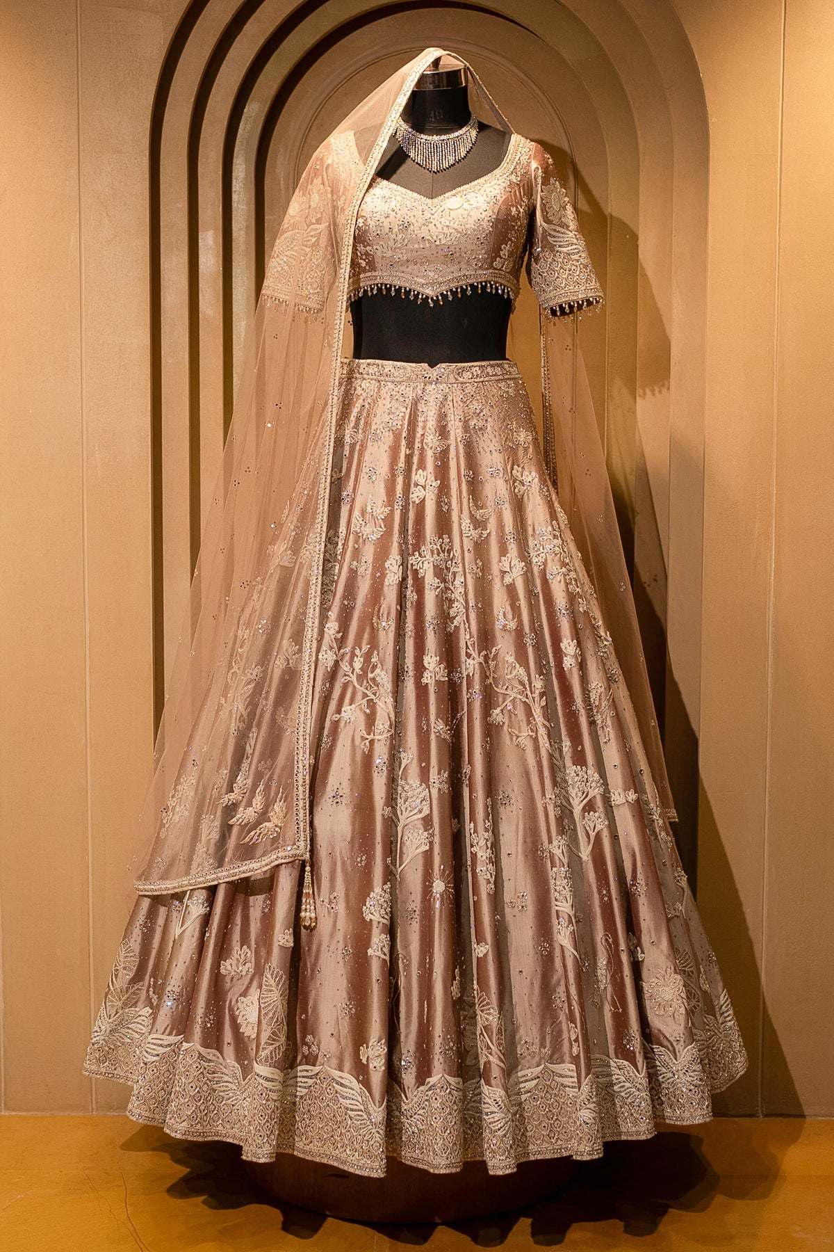 Champagne Brown Silk Couture Lehenga with Architectural Border & Intricate Dori-Mirror Fusion