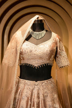 Champagne Brown Silk Couture Lehenga with Architectural Border & Intricate Dori-Mirror Fusion