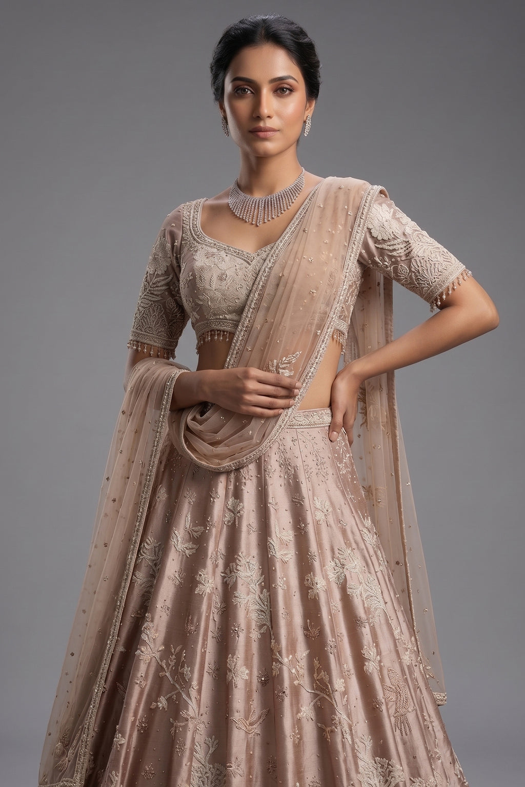 Champagne Brown Silk Couture Lehenga with Architectural Border & Intricate Dori-Mirror Fusion