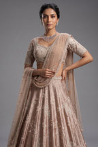 Champagne Brown Silk Couture Lehenga with Architectural Border & Intricate Dori-Mirror Fusion