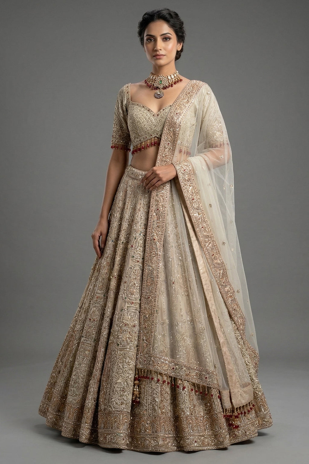 Royal Beige Net Bridal Lehenga with Luminescent Stone-Craft and Ethereal White Veil