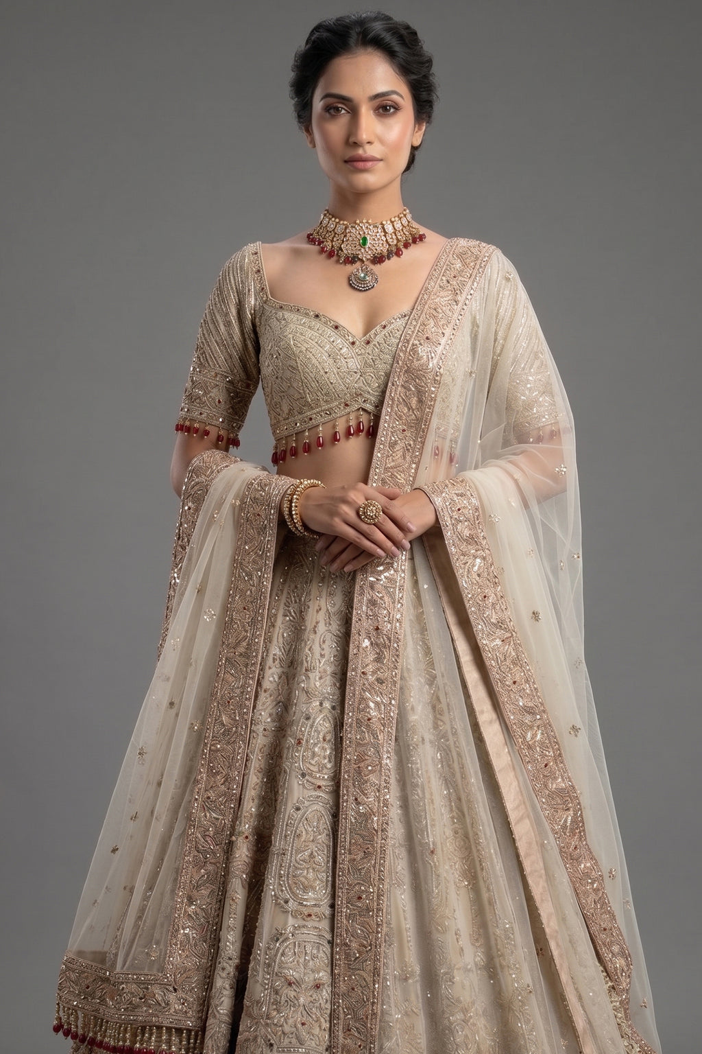 Royal Beige Net Bridal Lehenga with Luminescent Stone-Craft and Ethereal White Veil