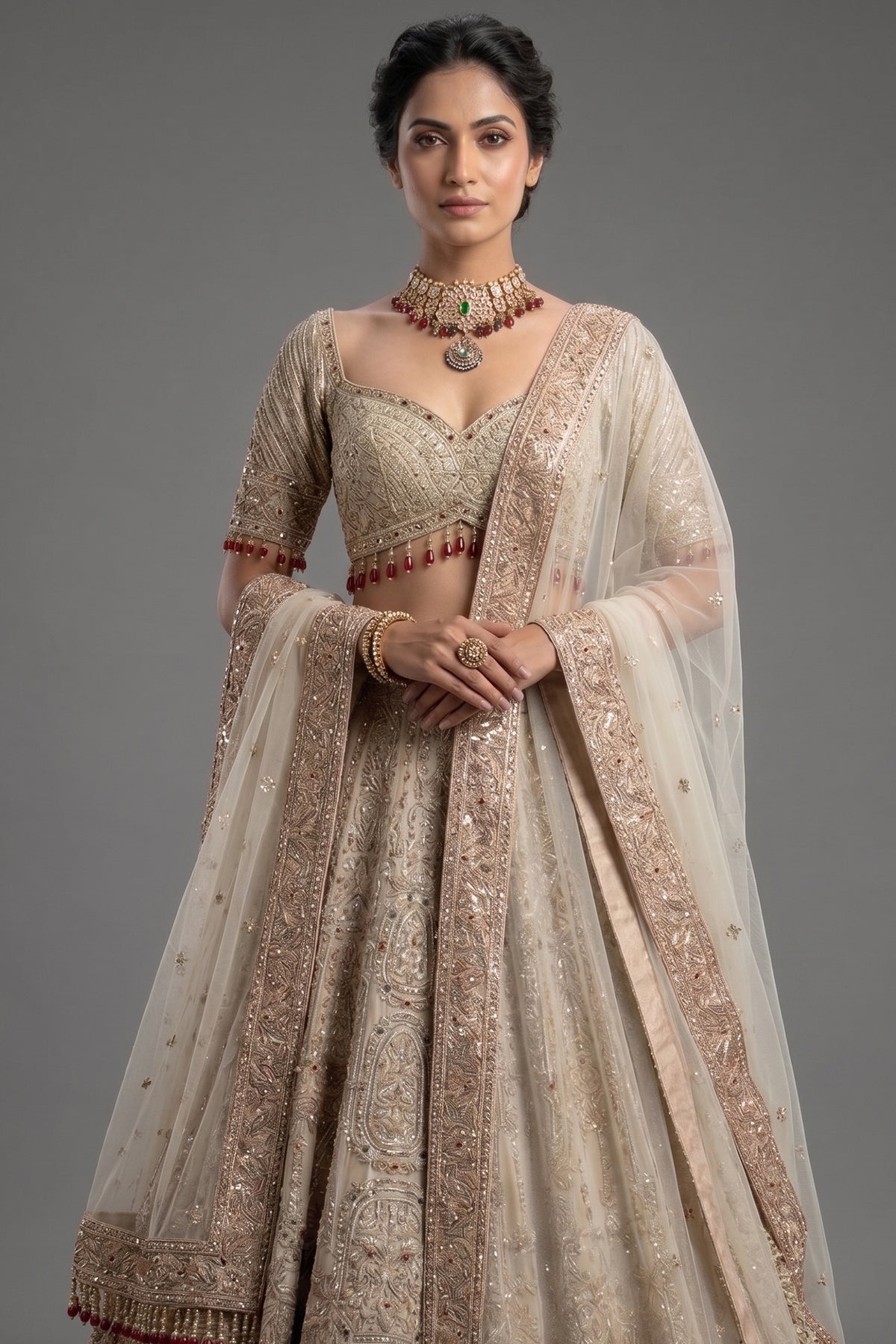 Royal Beige Net Bridal Lehenga with Luminescent Stone-Craft and Ethereal White Veil