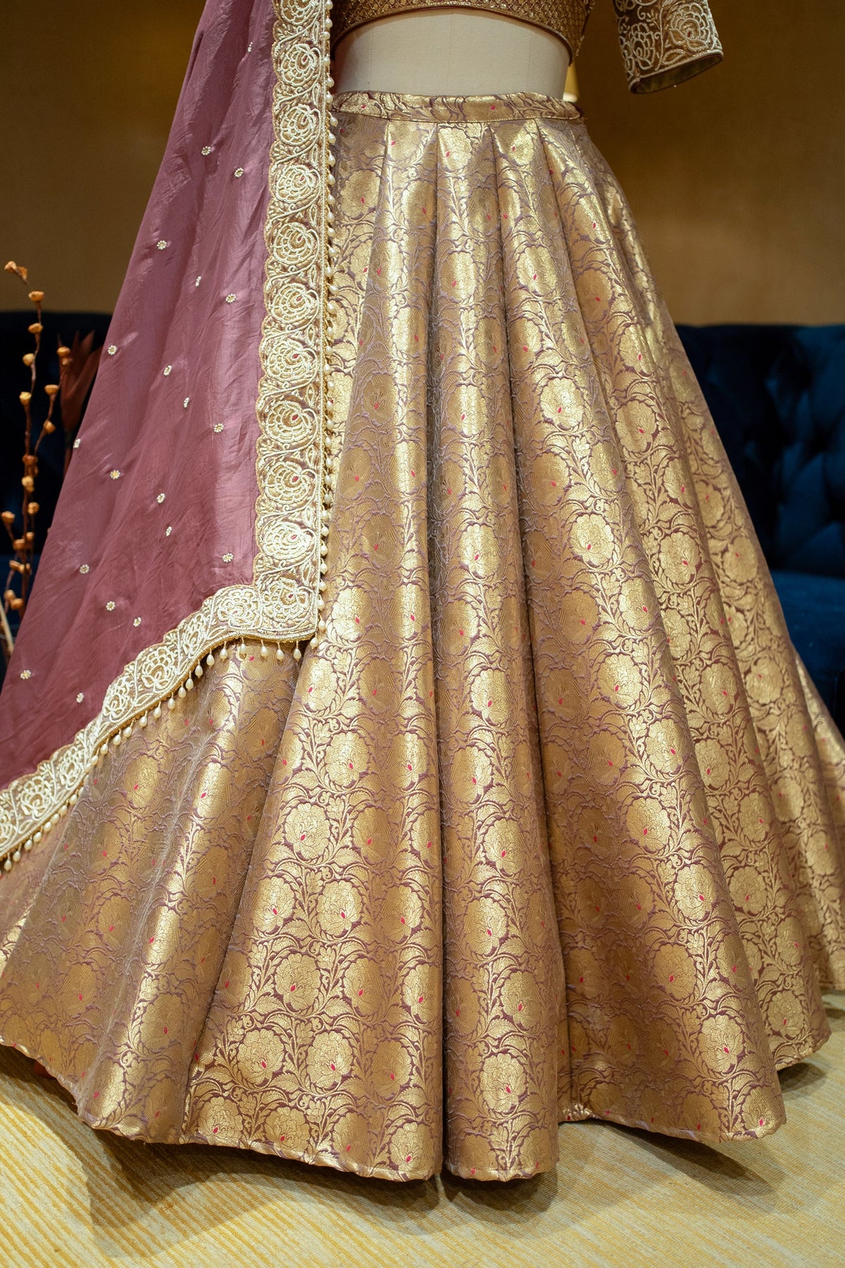 Regal Onion Pink Banarasi Brocade Bridal Lehenga with Hand-Embellished Blouse