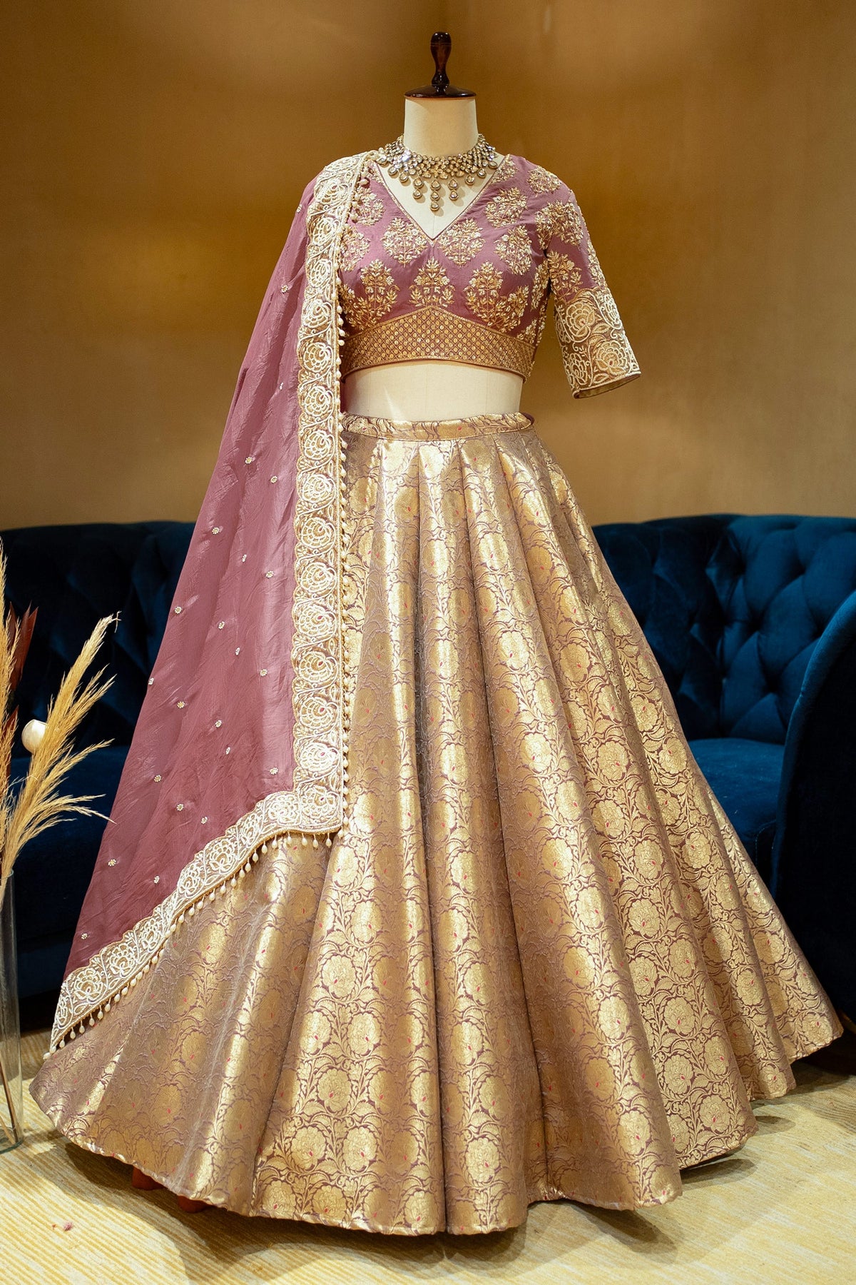 Regal Onion Pink Banarasi Brocade Bridal Lehenga with Hand-Embellished Blouse