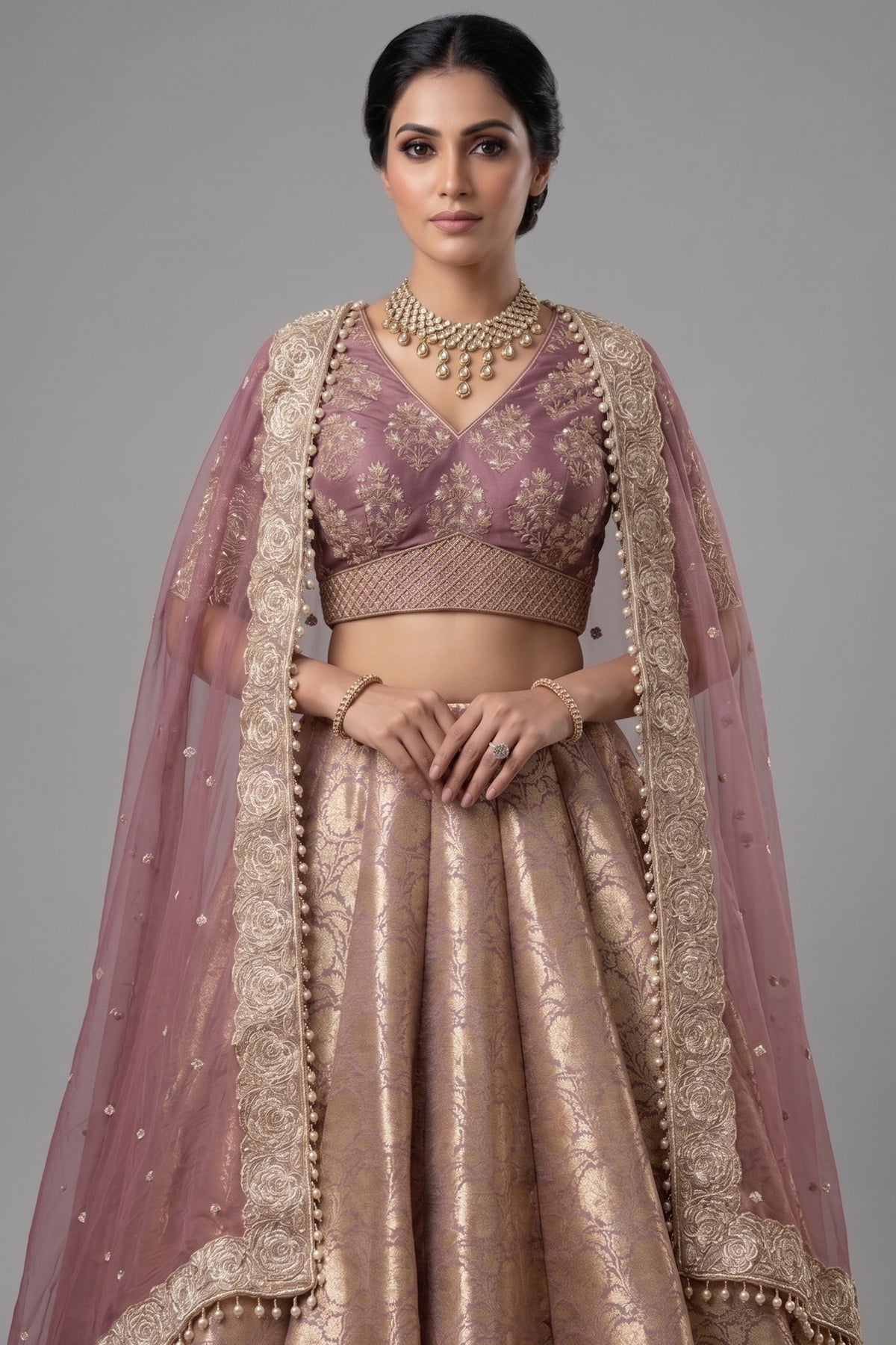 Regal Onion Pink Banarasi Brocade Bridal Lehenga with Hand-Embellished Blouse