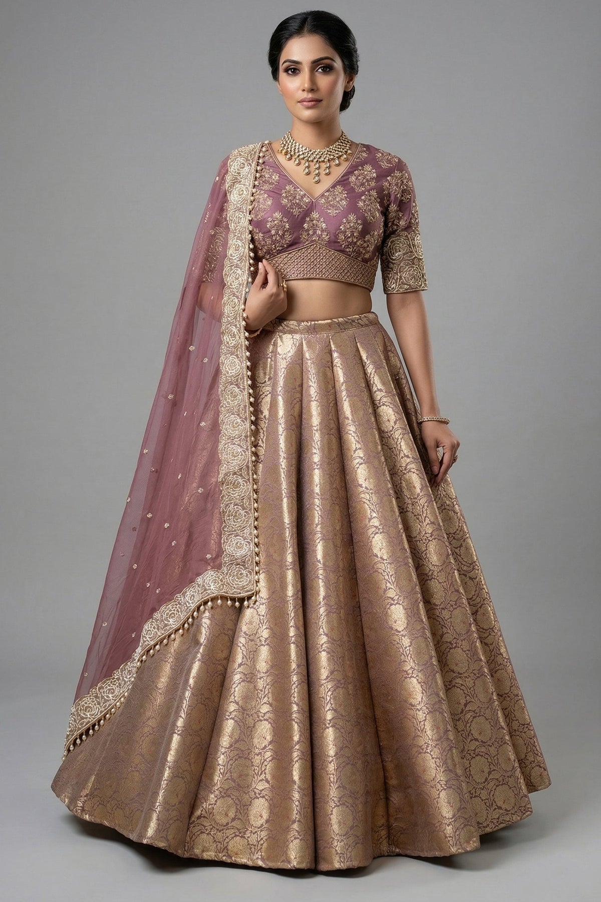 Regal Onion Pink Banarasi Brocade Bridal Lehenga with Hand-Embellished Blouse