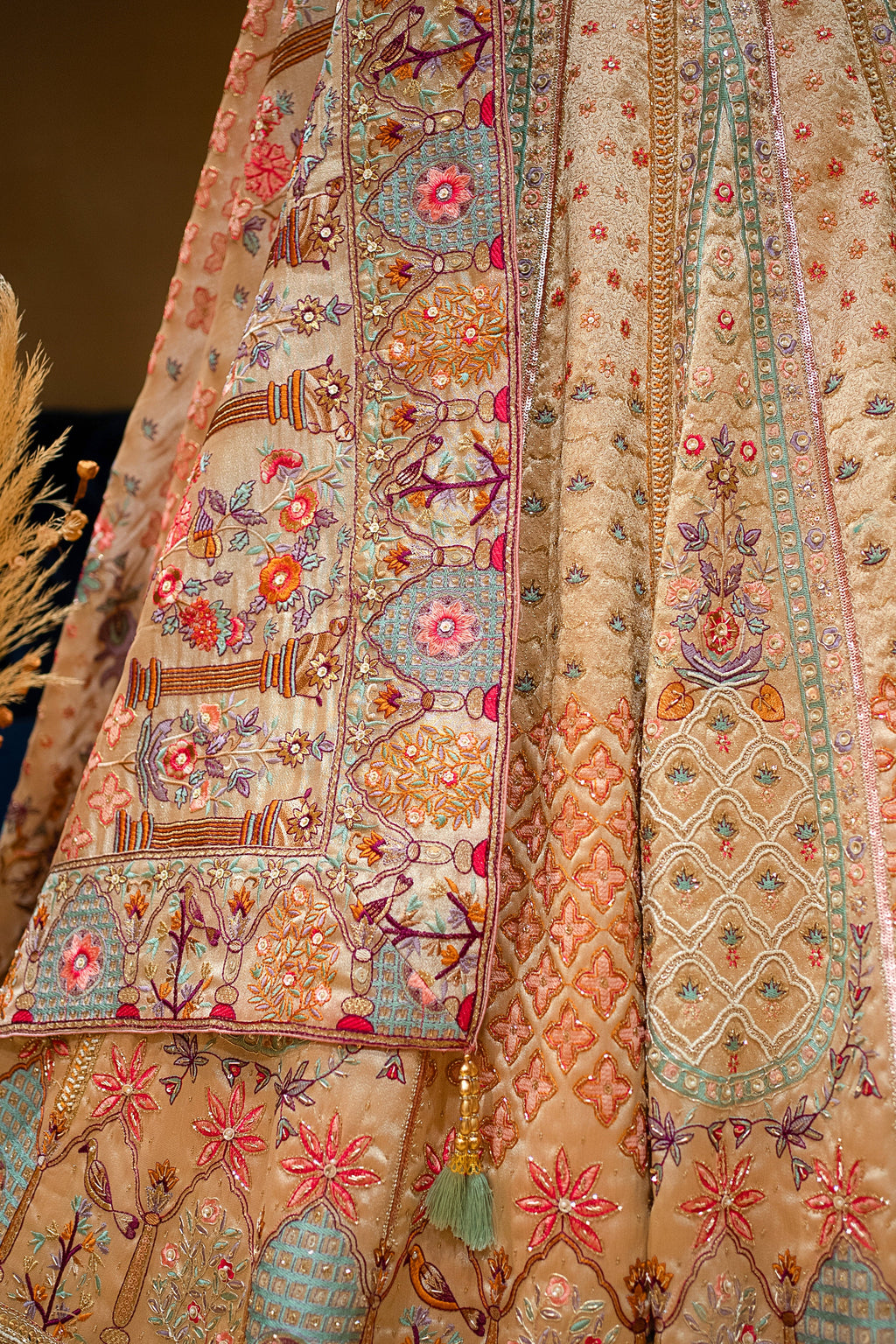 Gilded Floral Tissue Silk Lehenga with Multi-Hue Hand-Embroidery and Architectural Cutdana