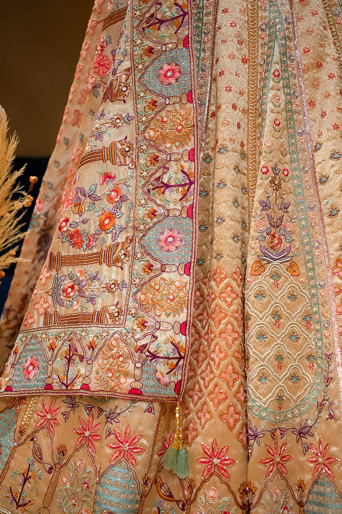 Gilded Floral Tissue Silk Lehenga with Multi-Hue Hand-Embroidery and Architectural Cutdana