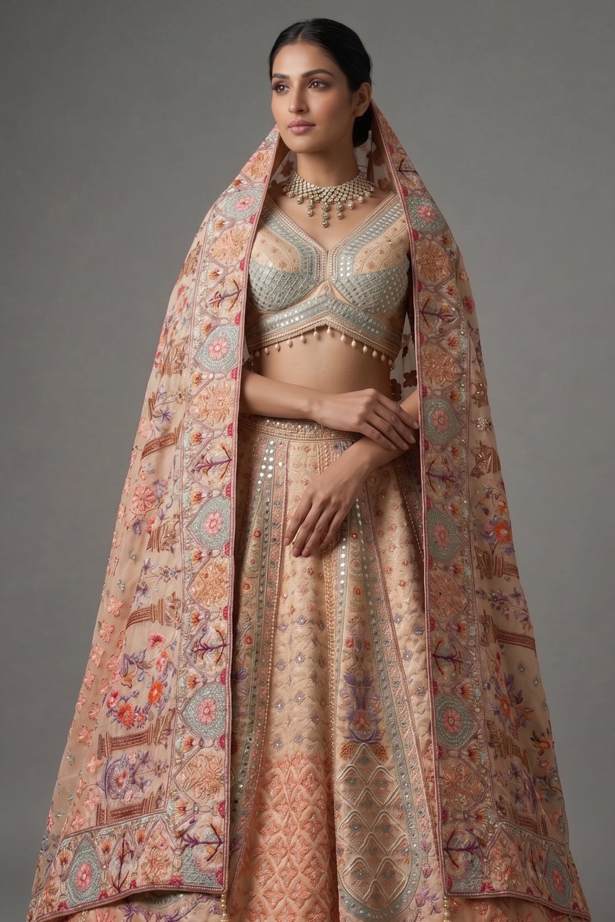 Gilded Floral Tissue Silk Lehenga with Multi-Hue Hand-Embroidery and Architectural Cutdana