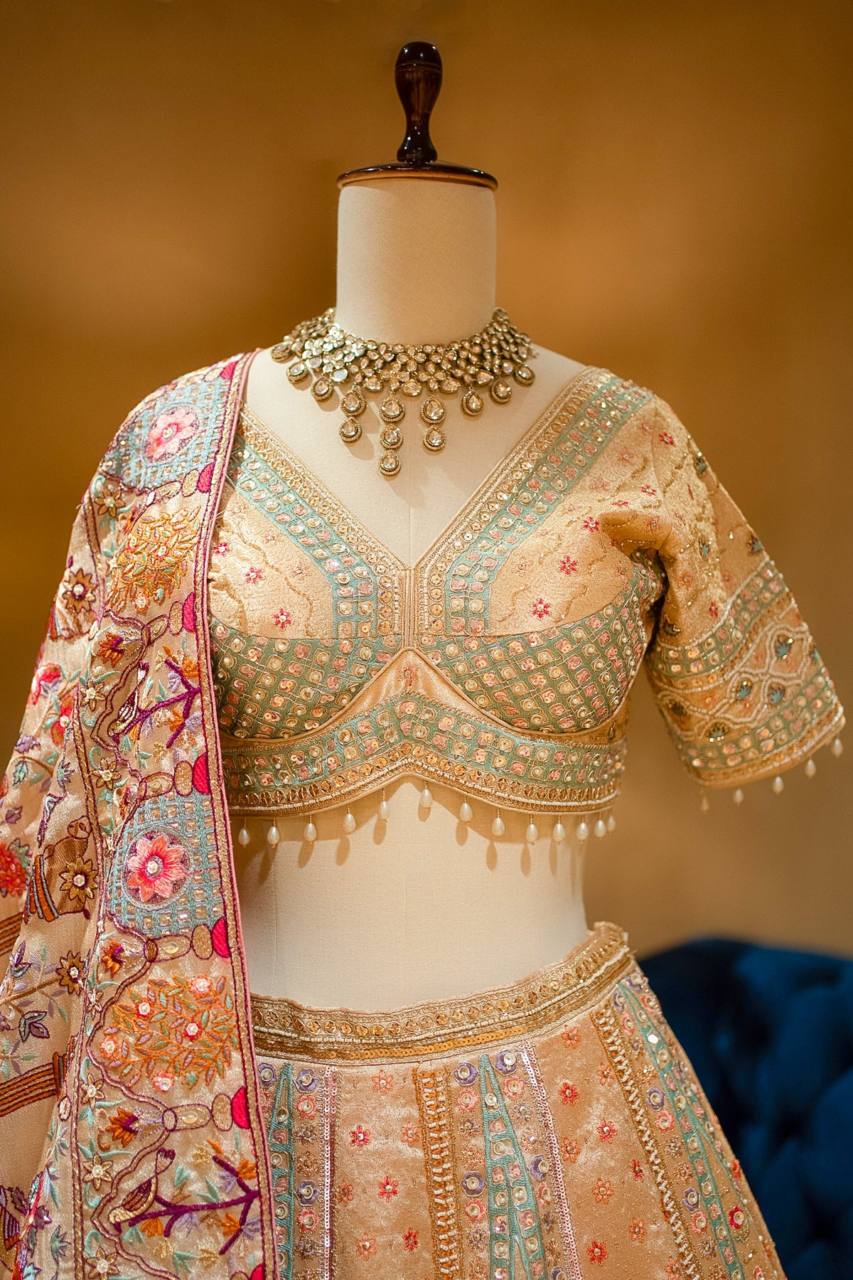 Gilded Floral Tissue Silk Lehenga with Multi-Hue Hand-Embroidery and Architectural Cutdana