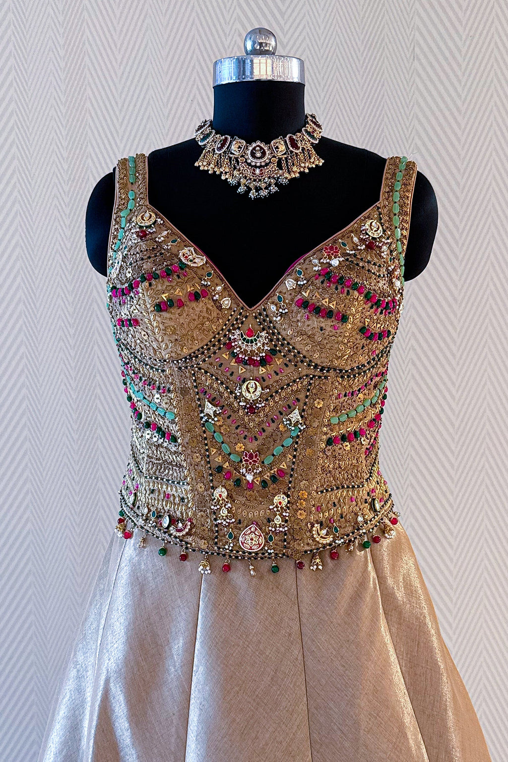 Golden Tissue Silk Lehenga with Kundan Worked Corset