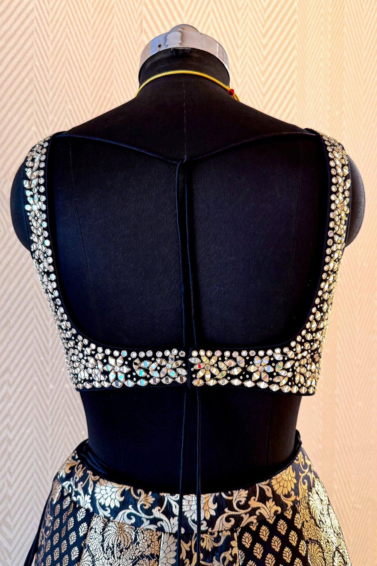 Black and Golden Banarasi Brocade Silk Crop Top Lehenga with Jacket