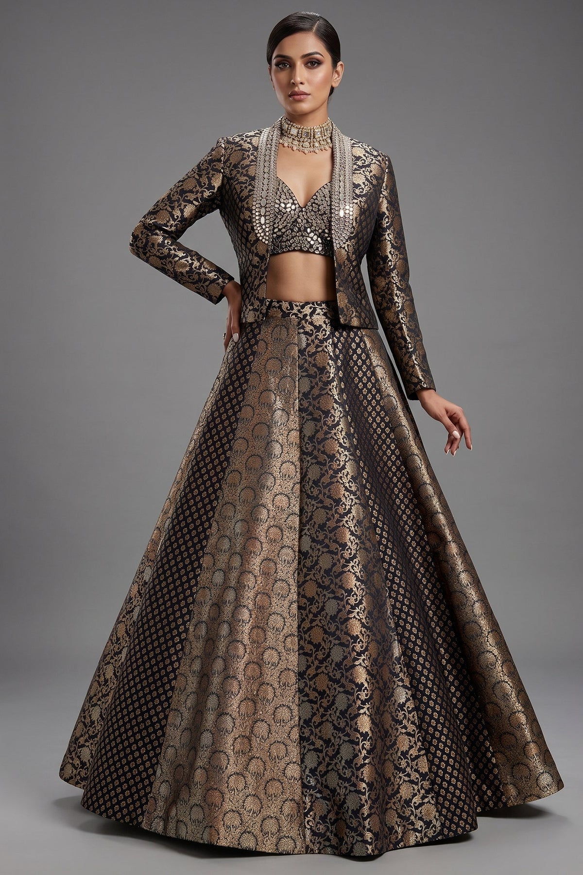 Black and Golden Banarasi Brocade Silk Crop Top Lehenga with Jacket