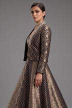 Black and Golden Banarasi Brocade Silk Crop Top Lehenga with Jacket