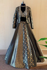 Black and Golden Banarasi Brocade Silk Crop Top Lehenga with Jacket