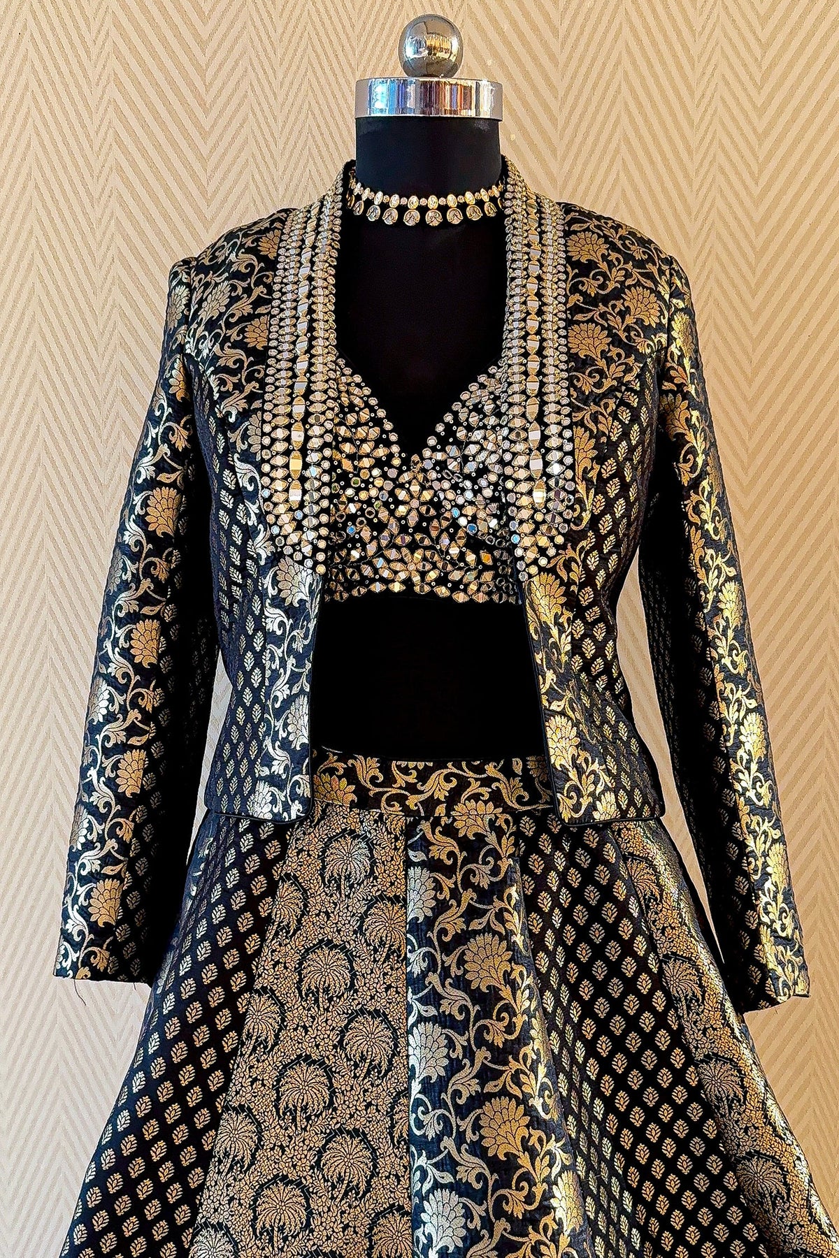Black and Golden Banarasi Brocade Silk Crop Top Lehenga with Jacket