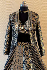 Black and Golden Banarasi Brocade Silk Crop Top Lehenga with Jacket