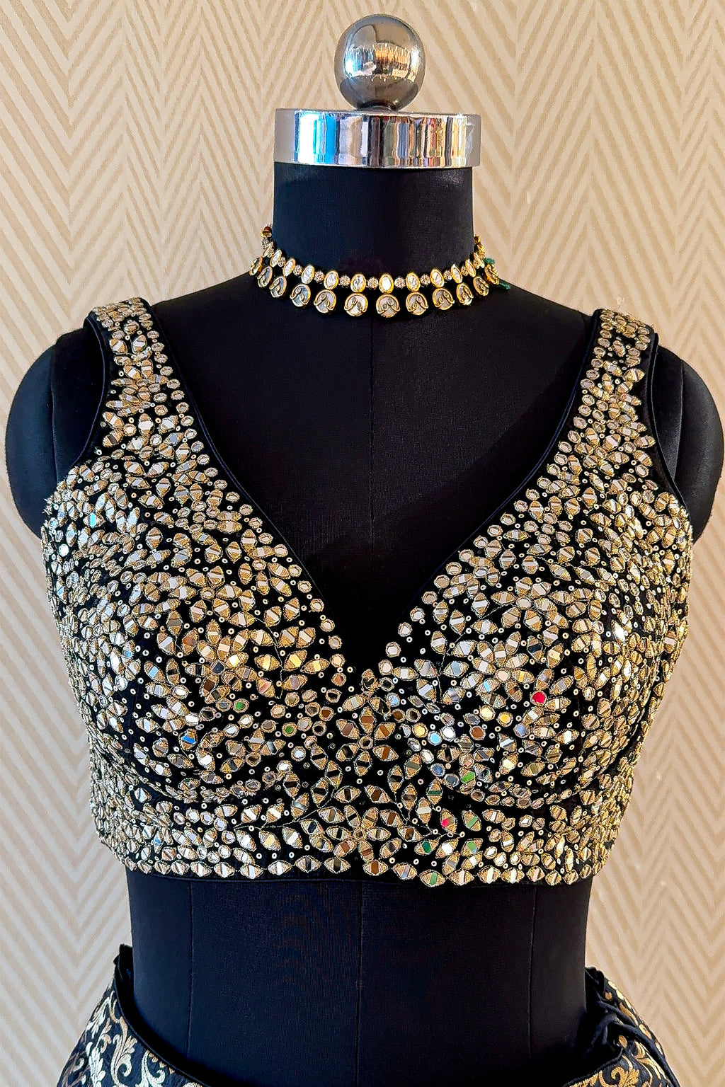 Black and Golden Banarasi Brocade Silk Crop Top Lehenga with Jacket