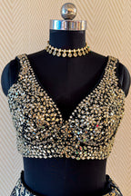 Black and Golden Banarasi Brocade Silk Crop Top Lehenga with Jacket