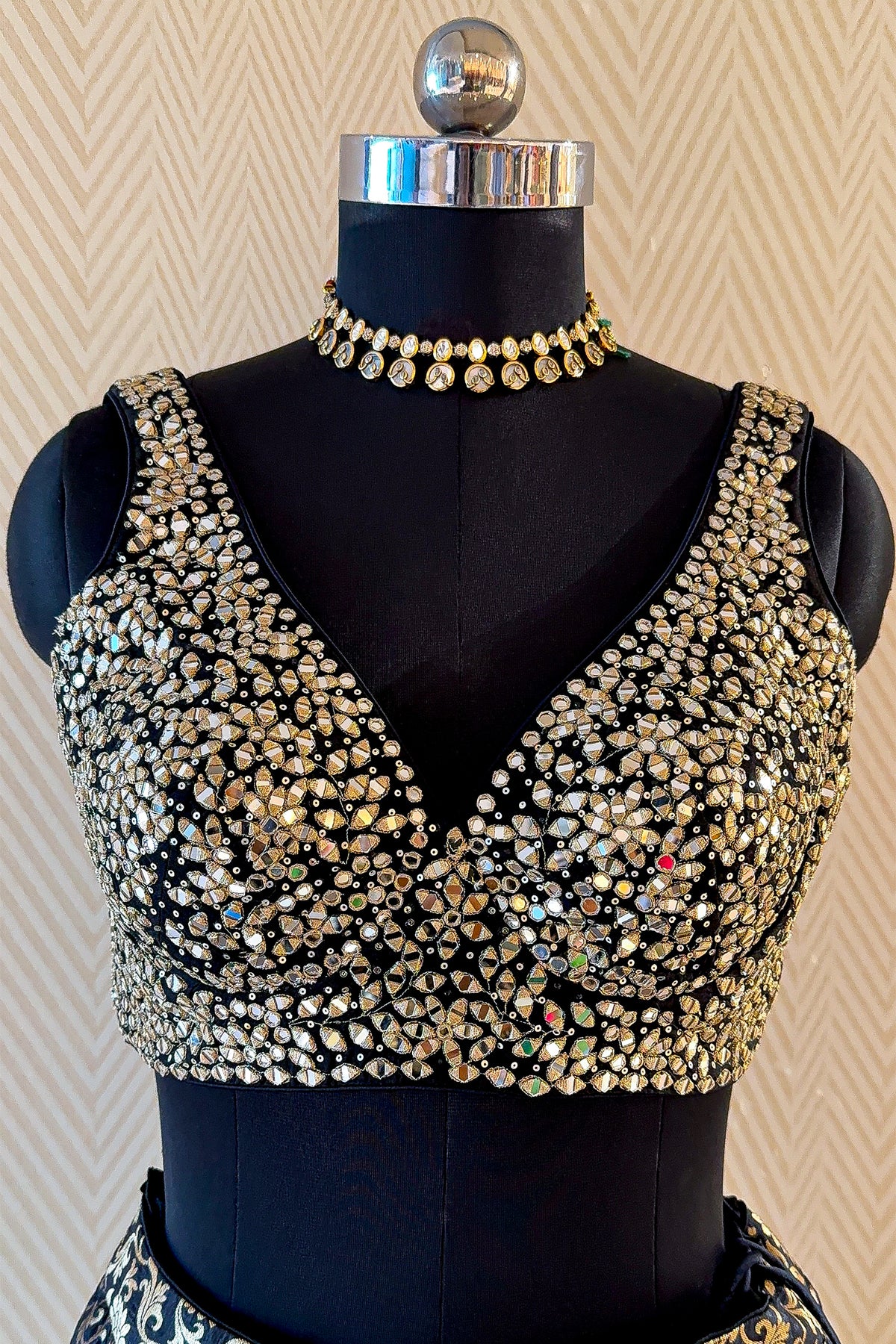 Black and Golden Banarasi Brocade Silk Crop Top Lehenga with Jacket