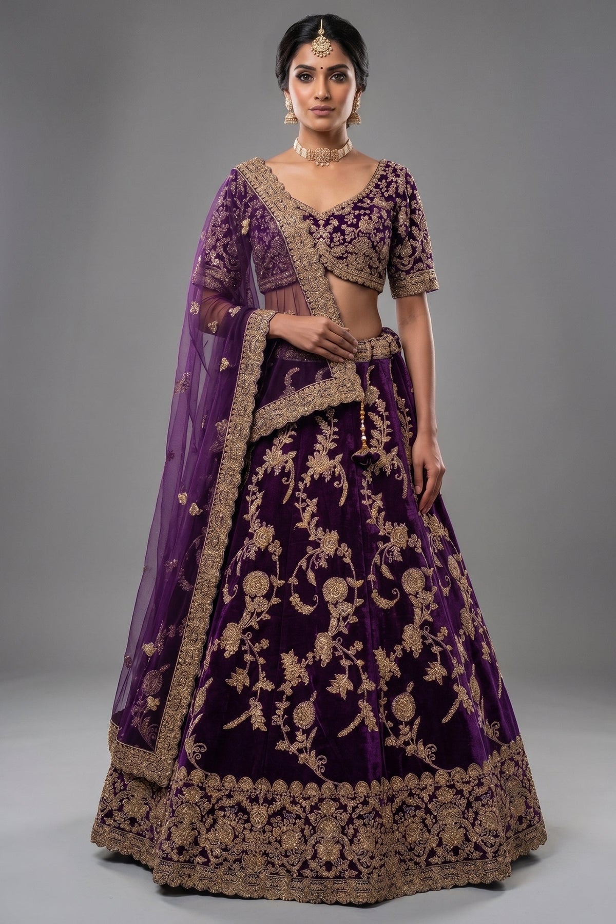 Palatinate Purple Raw Silk Jaal Worked Lehenga