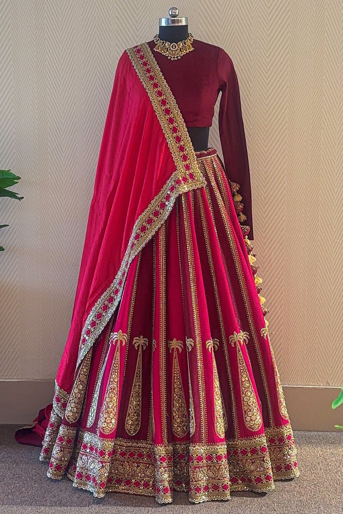 Maroon Matka Silk Designer Boat Neck Bridal Lehenga