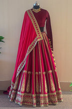 Maroon Matka Silk Designer Boat Neck Bridal Lehenga