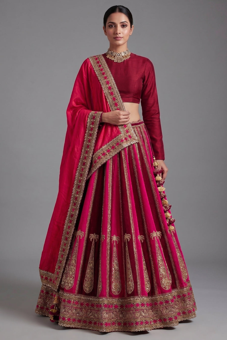 Maroon Matka Silk Designer Boat Neck Bridal Lehenga