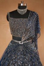 Midnight Blue Premium Net Hand-Embellished Sequins Saree