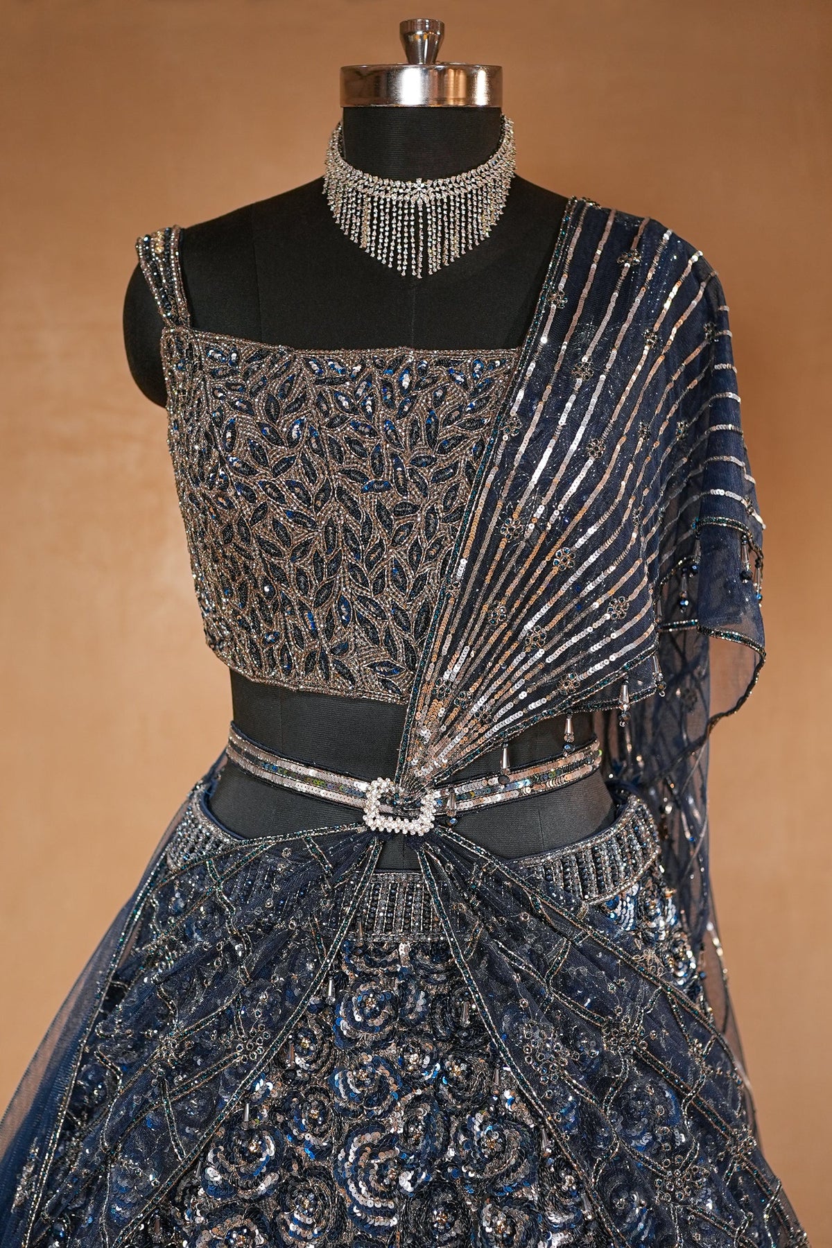 Midnight Blue Premium Net Hand-Embellished Sequins Saree