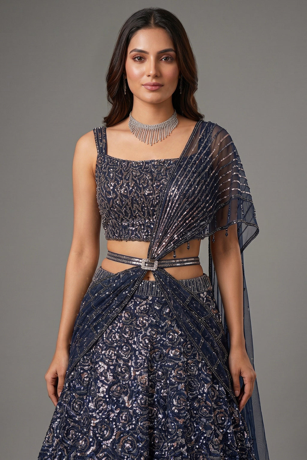 Midnight Blue Premium Net Hand-Embellished Sequins Saree