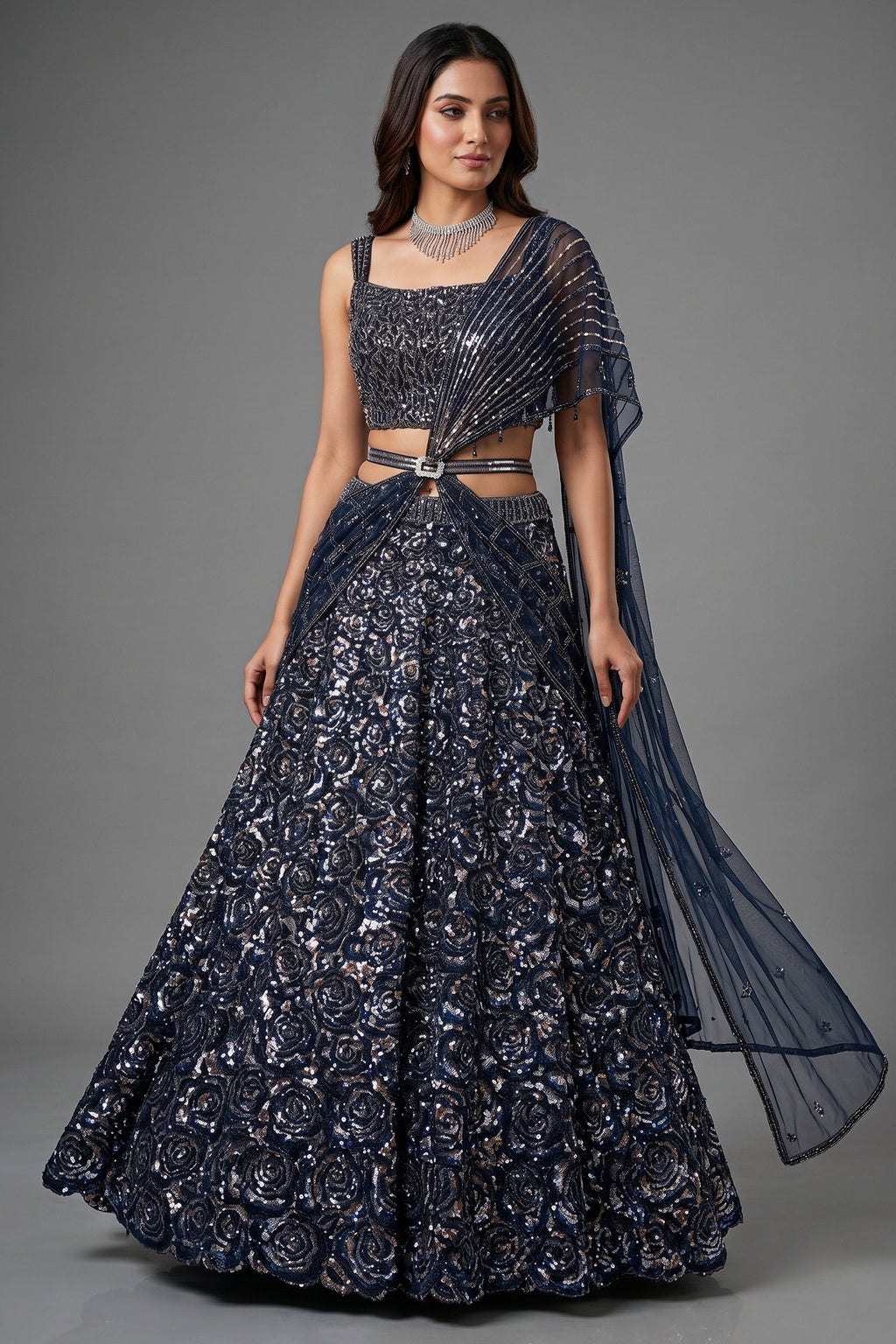 Midnight Blue Premium Net Hand-Embellished Sequins Saree