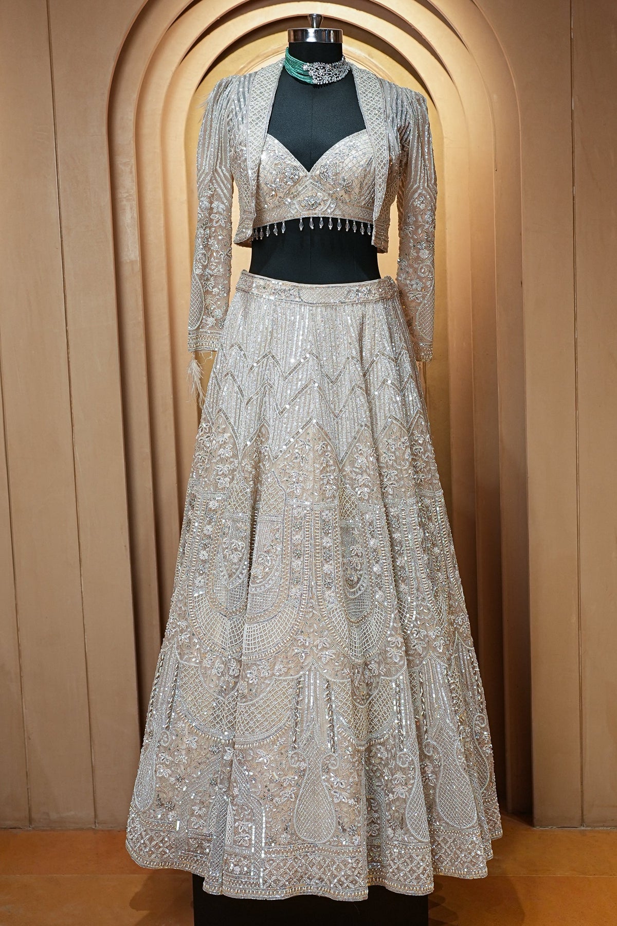 Metallic Icy Silver White Organza Lehenga Set with Sheer Net Cape Jacket