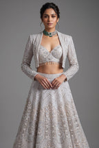 Metallic Icy Silver White Organza Lehenga Set with Sheer Net Cape Jacket