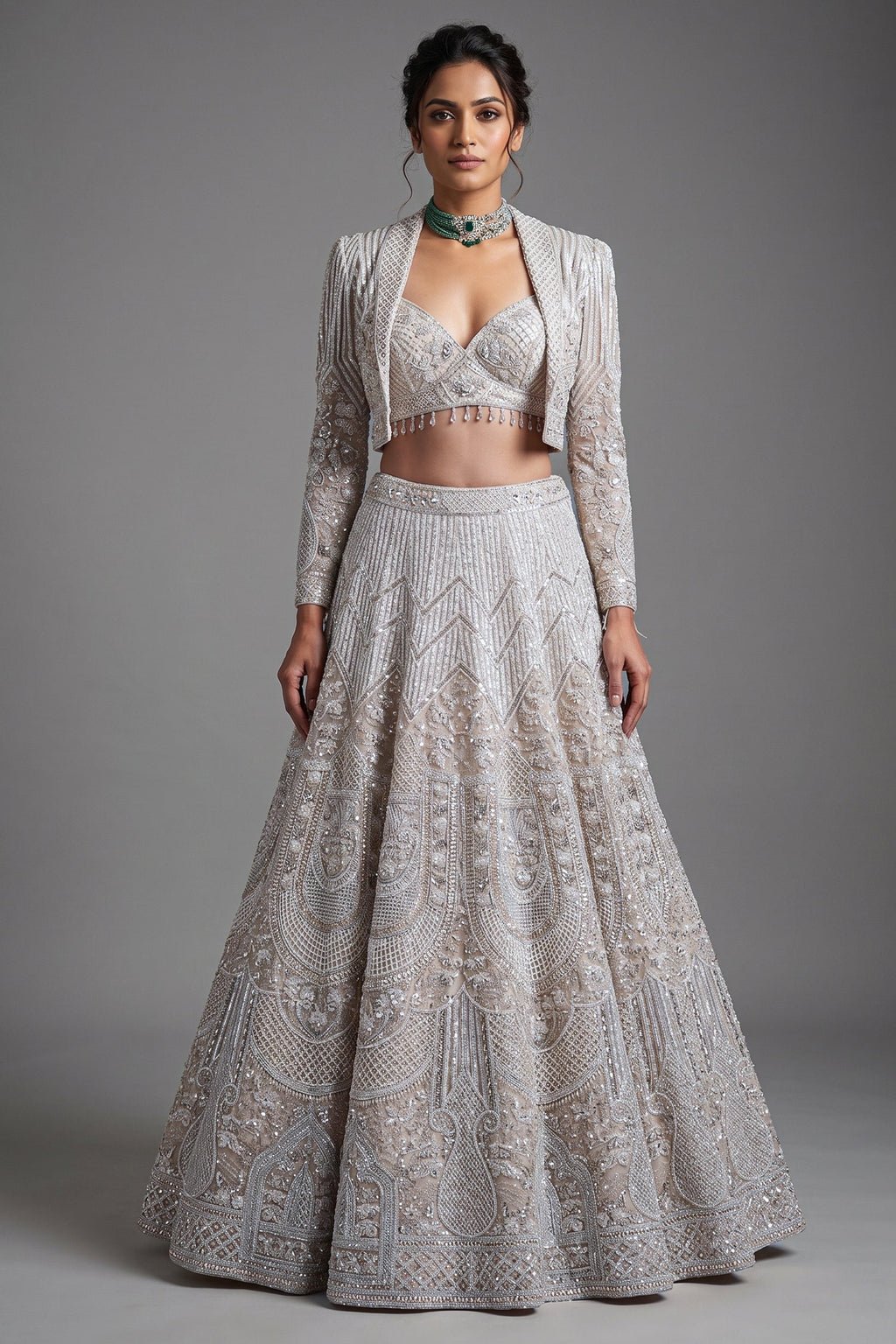 Metallic Icy Silver White Organza Lehenga Set with Sheer Net Cape Jacket