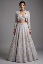 Metallic Icy Silver White Organza Lehenga Set with Sheer Net Cape Jacket