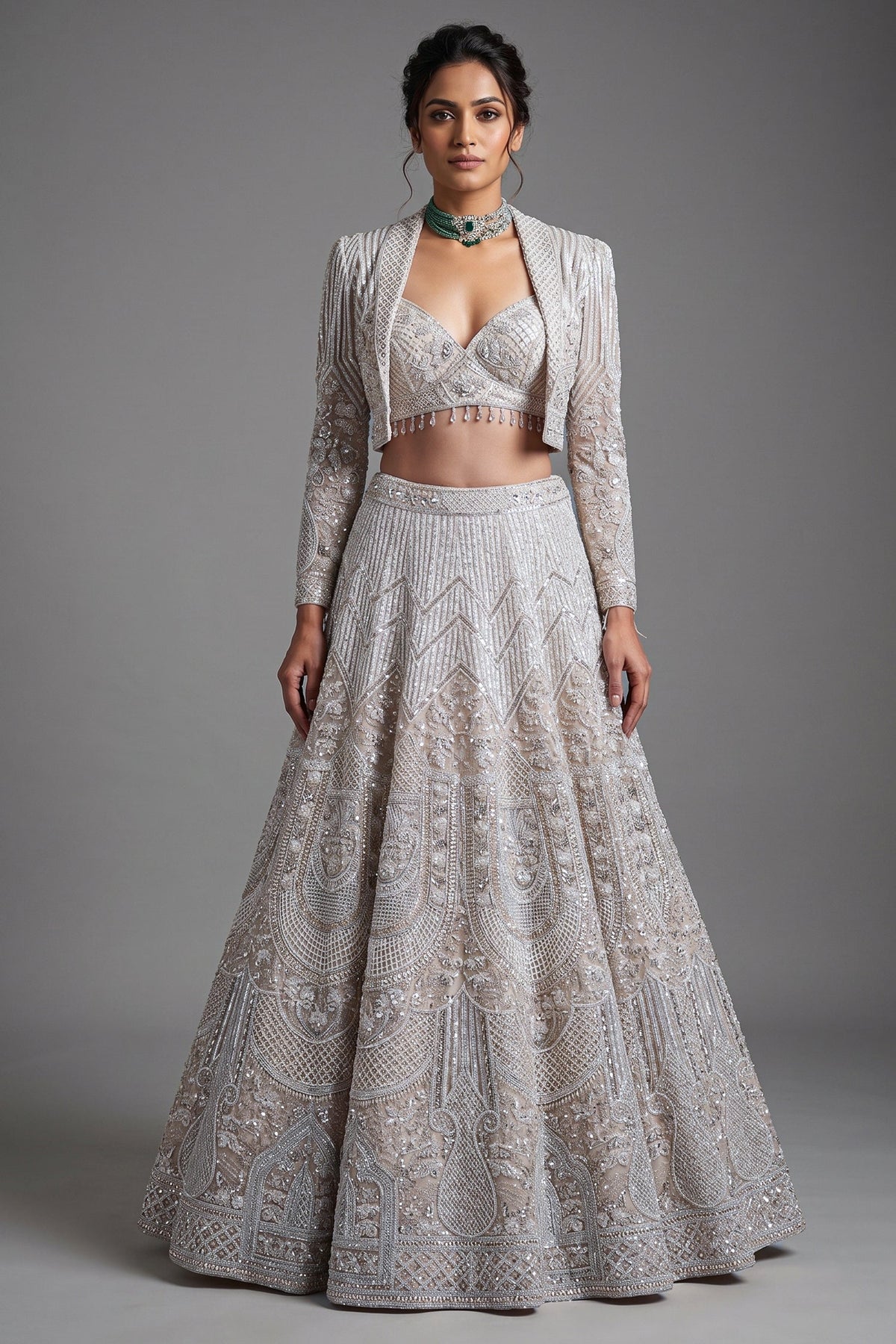 Metallic Icy Silver White Organza Lehenga Set with Sheer Net Cape Jacket