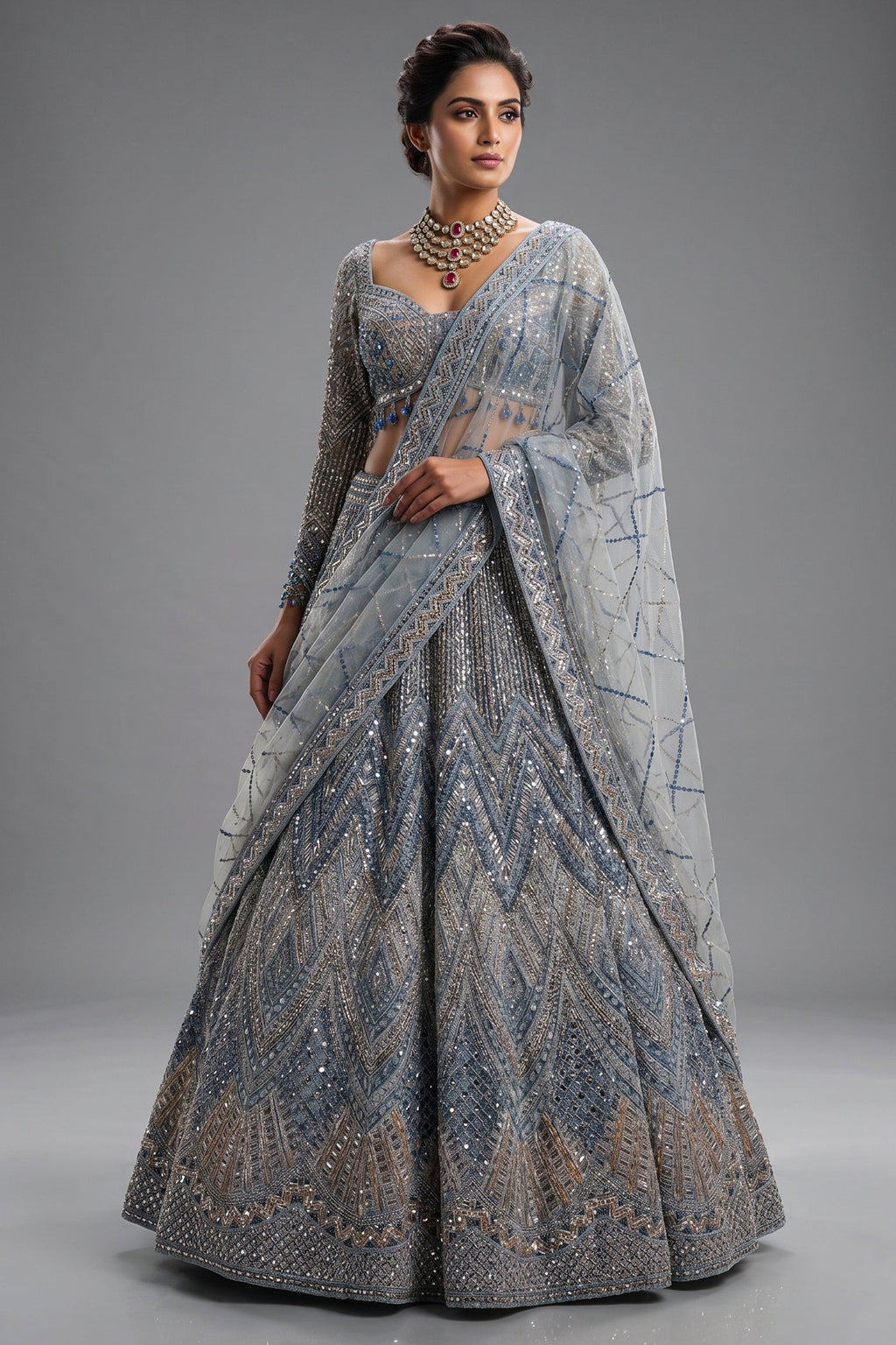 Powder Sky Blue Net Designer Lehenga