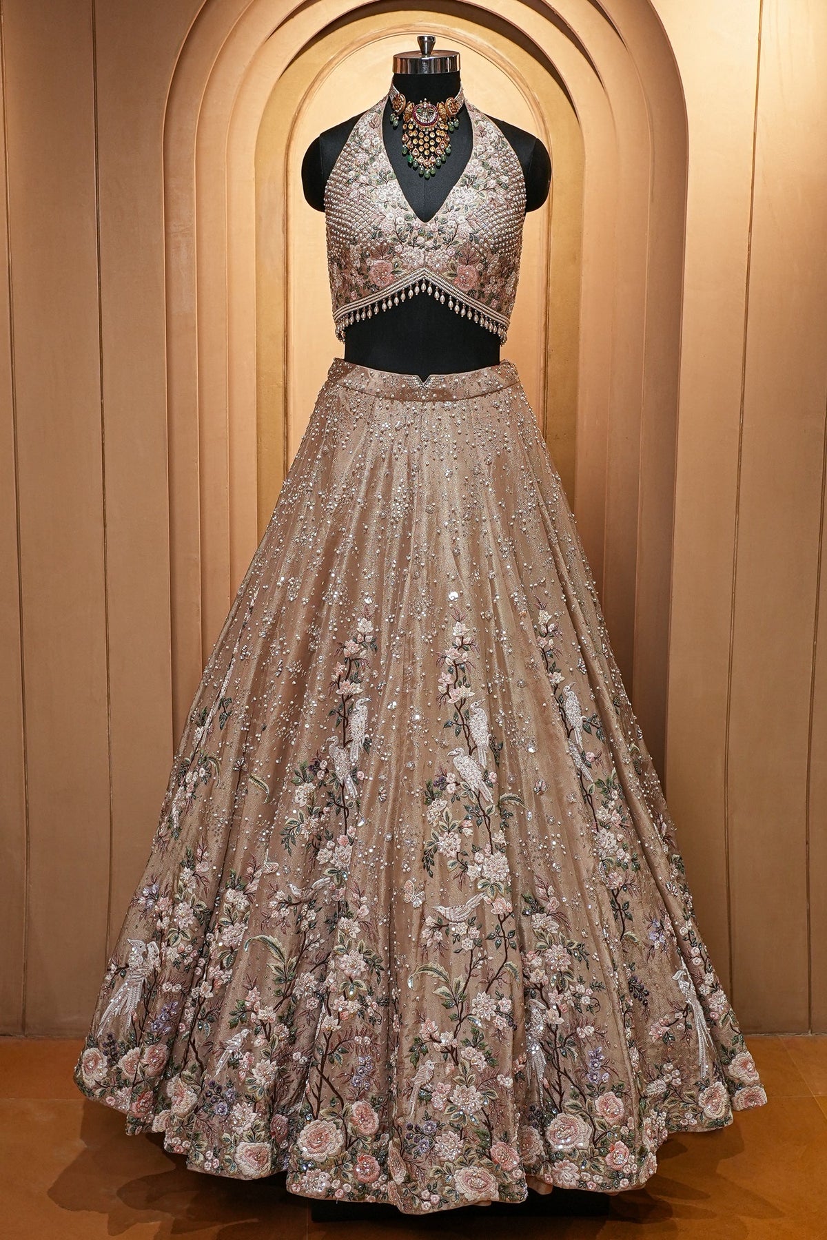 Champagne Brown Luxury Tissue Hand-Embroidered Bridal Lehenga Choli