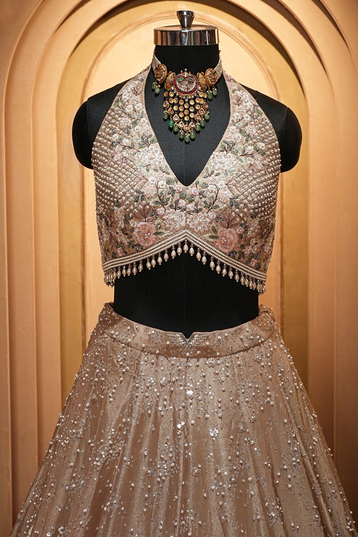 Champagne Brown Luxury Tissue Hand-Embroidered Bridal Lehenga Choli