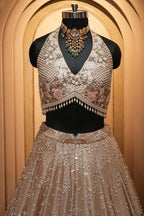 Champagne Brown Luxury Tissue Hand-Embroidered Bridal Lehenga Choli
